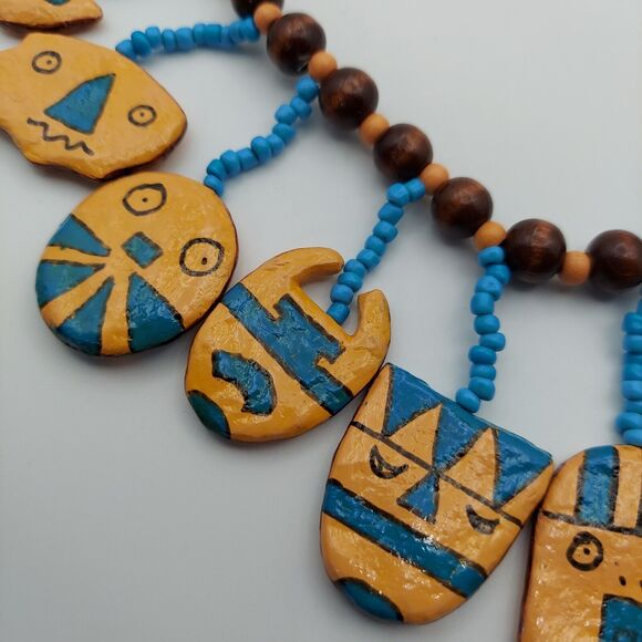 Vtg Hand Painted Wood Face Charm Necklace Southwest Tribal Mask Boho Bead Dangle - Picture 8 of 16